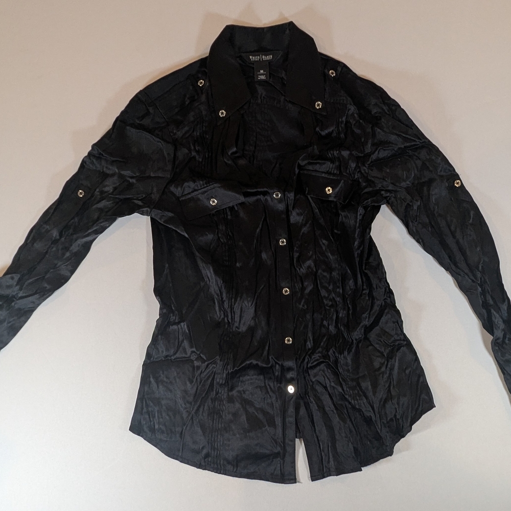 White House Black Market Shiny Black Blouse